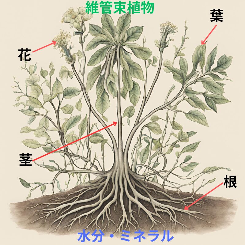 ハーブにおける維管束植物の説明図